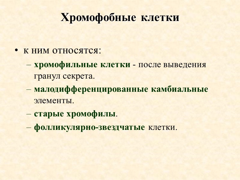 Хромофобные клетки к ним относятся: хромофильные клетки - после выведения гранул секрета. малодифференцированные камбиальные